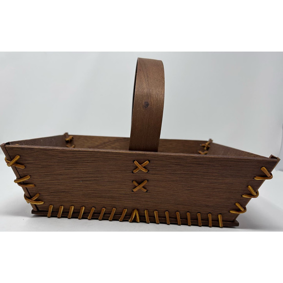 Handmade Stitched Wooden Basket with Handle 11 1/2" Long x 9 1/2" Wide x 3" Deep - Picture 1 of 11